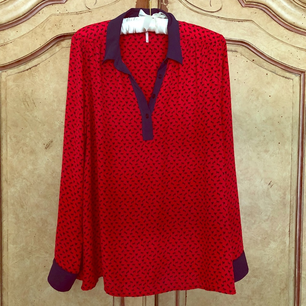 Free People Red Horse Print Boyfriend Blouse, M